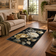 charcoal cream garden rose floral area rug, cozy home setting