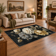 charcoal cream garden rose floral area rug, angled room view