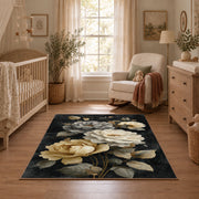 charcoal cream garden rose floral area rug, full pattern view