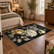 charcoal cream garden rose floral area rug, soft surface detail