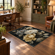 charcoal cream garden rose floral area rug, wood floor styling