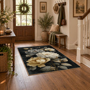 charcoal cream garden rose floral area rug, close decorative detail