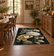 charcoal cream garden rose floral area rug, front room mockup