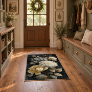 charcoal cream garden rose floral area rug, wide interior view