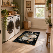black white peony bouquet elegant floral area rug, featured room view