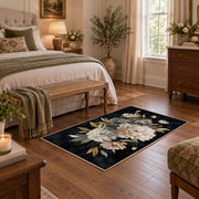 black white peony bouquet elegant floral area rug, cozy home setting