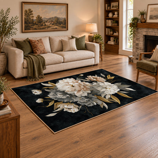 black white peony bouquet elegant floral area rug, angled room view