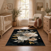 black white peony bouquet elegant floral area rug, full pattern view