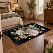black white peony bouquet elegant floral area rug, soft surface detail