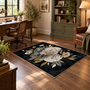 black white peony bouquet elegant floral area rug, wood floor styling