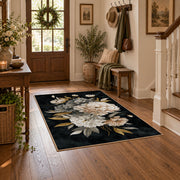 black white peony bouquet elegant floral area rug, close decorative detail