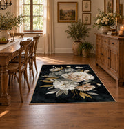 black white peony bouquet elegant floral area rug, front room mockup