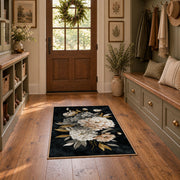black white peony bouquet elegant floral area rug, wide interior view