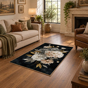 black white peony bouquet elegant floral area rug, design detail view