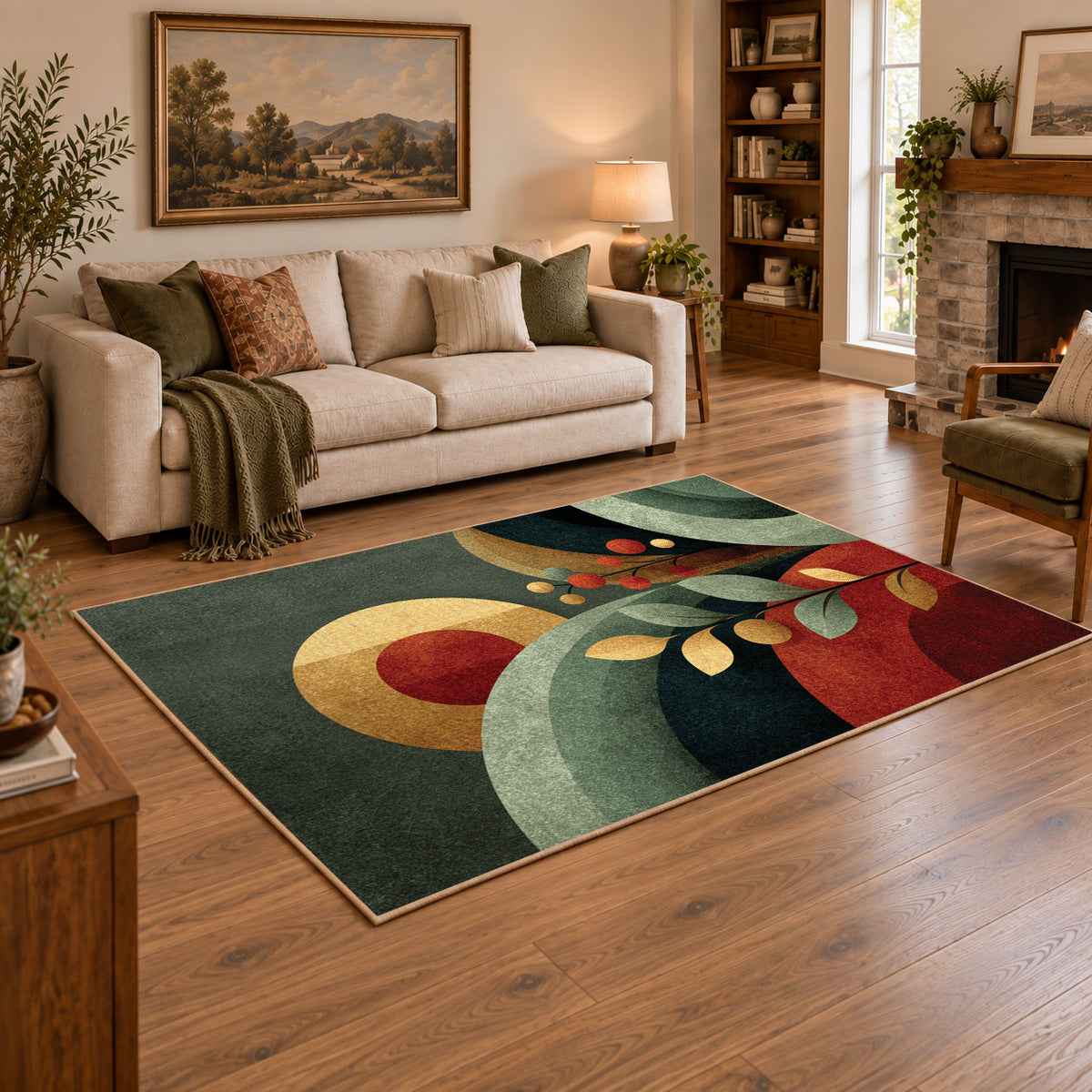 green red mid century abstract circles area rug, featured room view