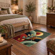 green red mid century abstract circles area rug, cozy home setting