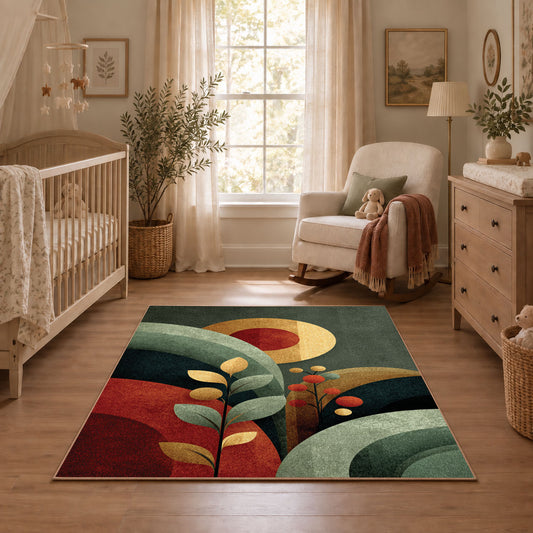 green red mid century abstract circles area rug, angled room view