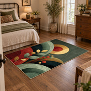 green red mid century abstract circles area rug, full pattern view