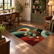 green red mid century abstract circles area rug, soft surface detail