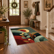 green red mid century abstract circles area rug, wood floor styling