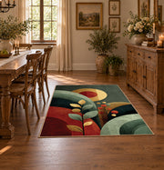 green red mid century abstract circles area rug, close decorative detail