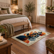 cream blue orange modern botanical abstract area rug, cozy home setting