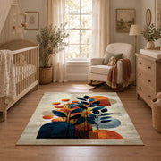 cream blue orange modern botanical abstract area rug, full pattern view