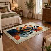 cream blue orange modern botanical abstract area rug, soft surface detail