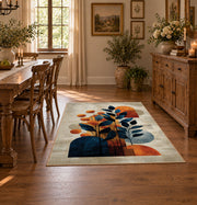 cream blue orange modern botanical abstract area rug, front room mockup