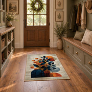cream blue orange modern botanical abstract area rug, wide interior view