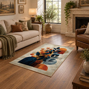 cream blue orange modern botanical abstract area rug, design detail view