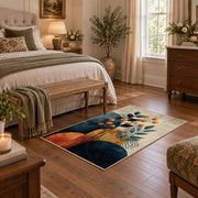 teal orange modern botanical geometric area rug, cozy home setting