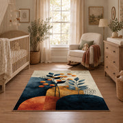 teal orange modern botanical geometric area rug, full pattern view