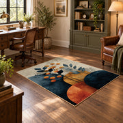 teal orange modern botanical geometric area rug, wood floor styling