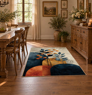 teal orange modern botanical geometric area rug, front room mockup