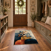 teal orange modern botanical geometric area rug, wide interior view