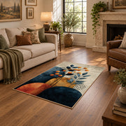 teal orange modern botanical geometric area rug, design detail view