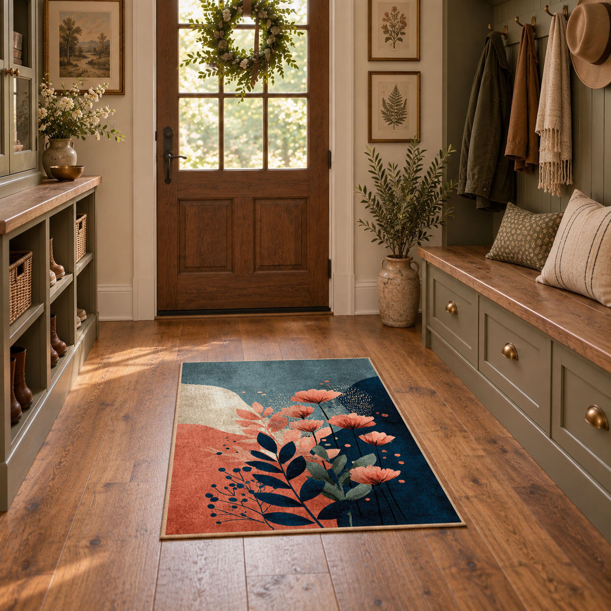 blue coral navy modern botanical abstract area rug, featured room view