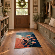 blue coral navy modern botanical abstract area rug, featured room view