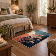 blue coral navy modern botanical abstract area rug, cozy home setting
