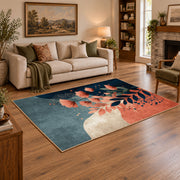 blue coral navy modern botanical abstract area rug, angled room view