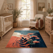blue coral navy modern botanical abstract area rug, full pattern view