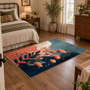 blue coral navy modern botanical abstract area rug, soft surface detail