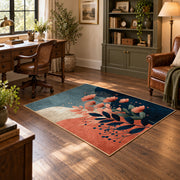 blue coral navy modern botanical abstract area rug, wood floor styling