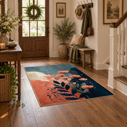 blue coral navy modern botanical abstract area rug, close decorative detail