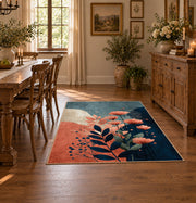 blue coral navy modern botanical abstract area rug, front room mockup