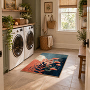 blue coral navy modern botanical abstract area rug, wide interior view