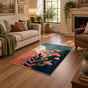 blue coral navy modern botanical abstract area rug, design detail view