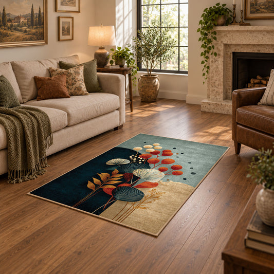 pale blue teal orange botanical abstract area rug, featured room view