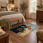 pale blue teal orange botanical abstract area rug, cozy home setting